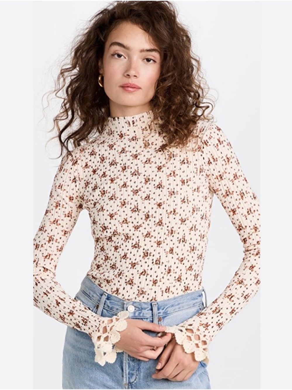 Sea New York Wilma Crochet Sleeve Floral Mock Neck Long-Sleeve Top